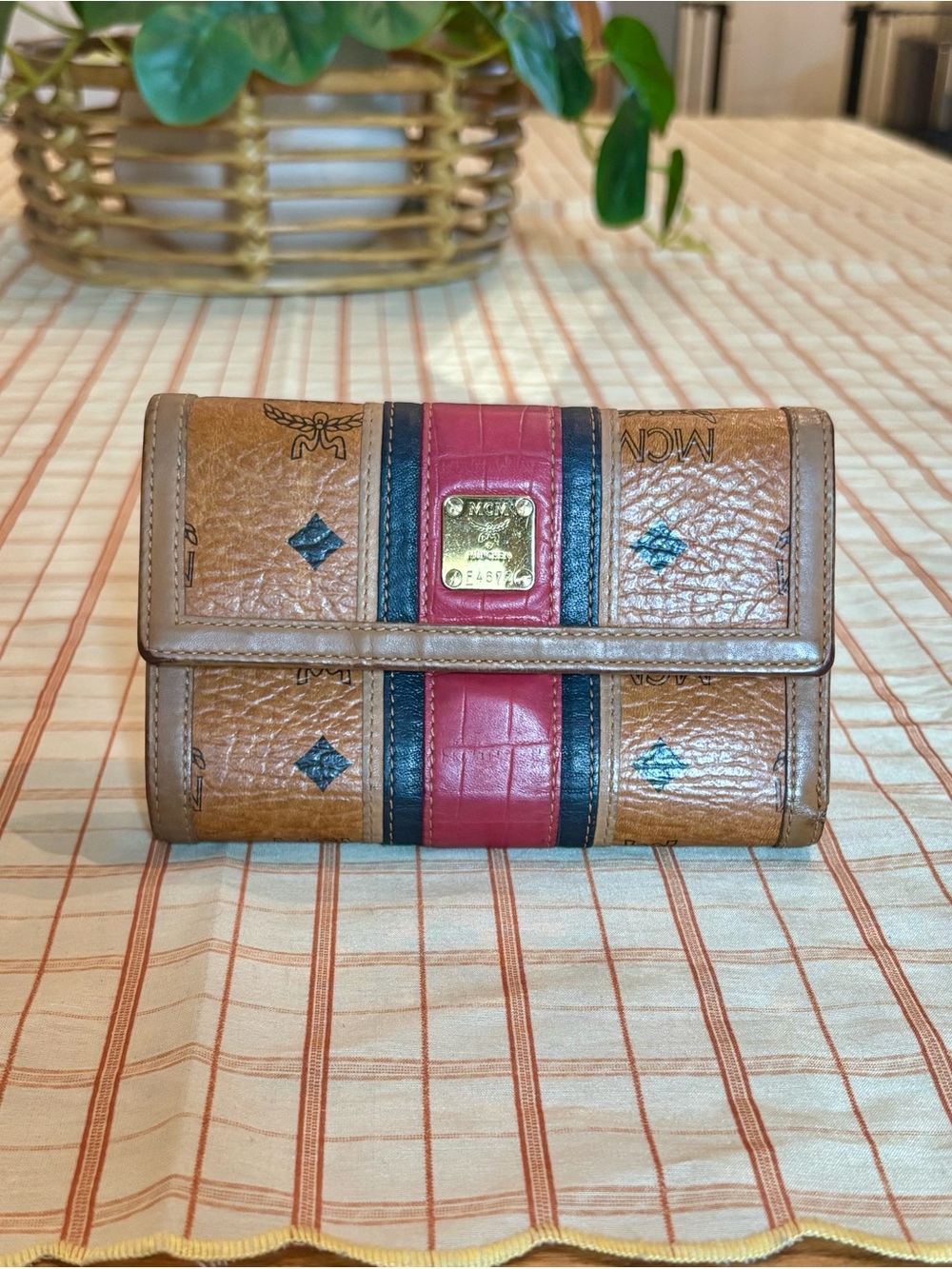 MCM Cognac, Red & Black Leather Logo Continental Wallet